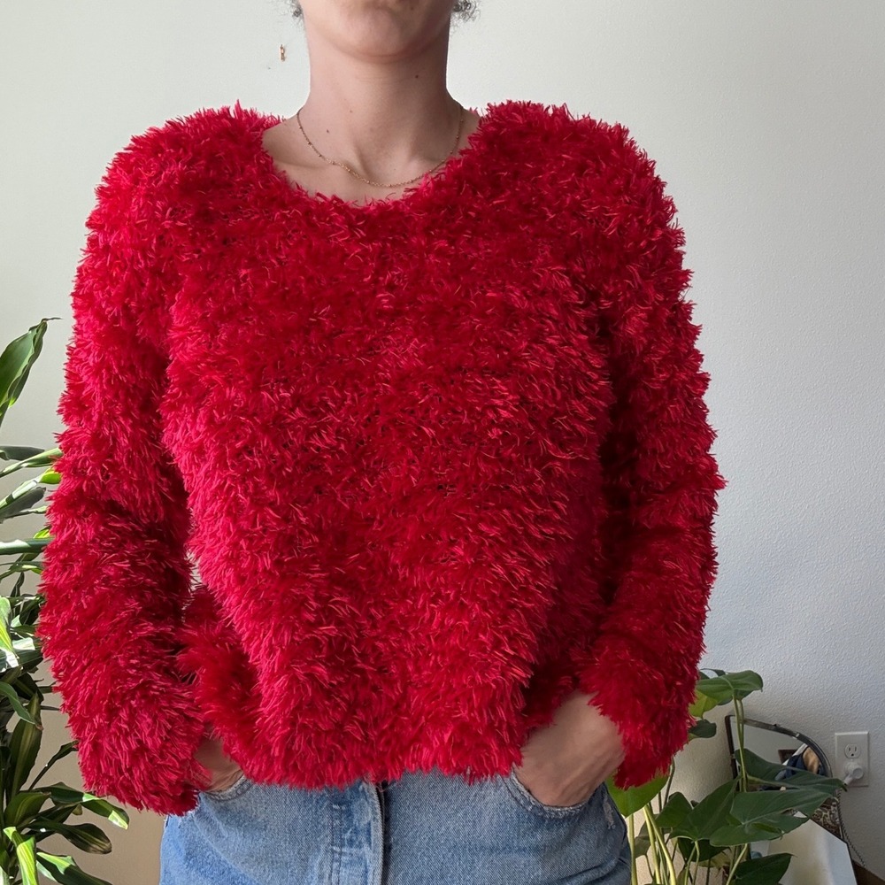 Creazioni Effeci Red Eyelash Knit Fuzzy Shaggy Sweater 90s Vintage Womens Medium